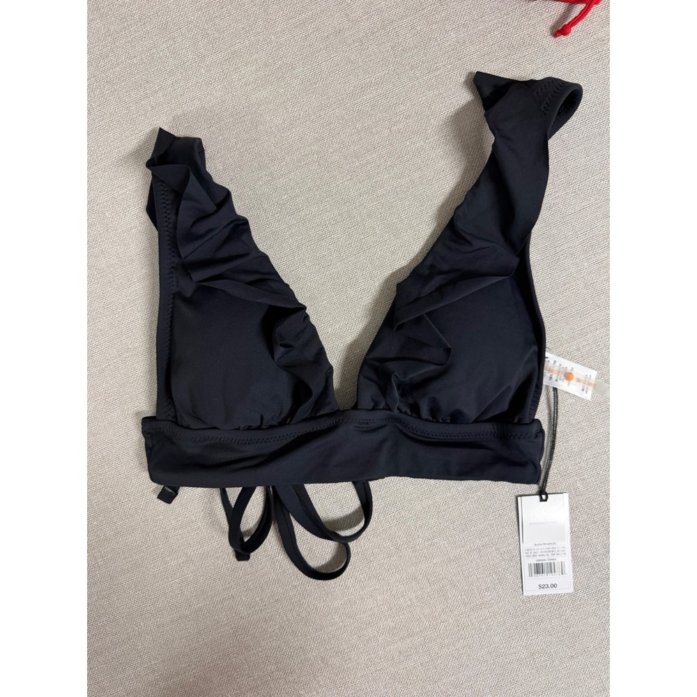 Shade & Shore Black Ruffle V-Neck Bikini Top Removable Pads Med